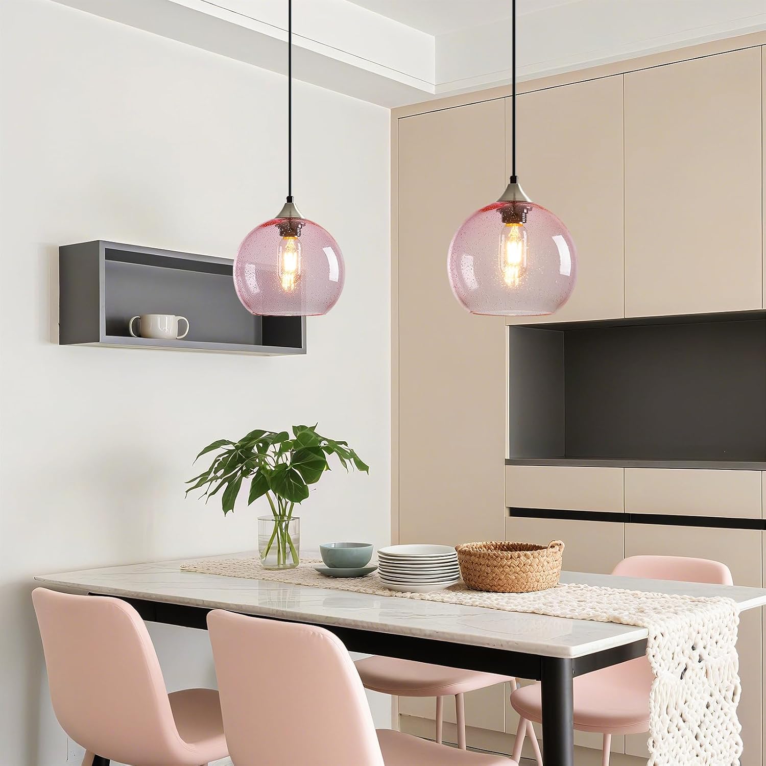 Pink Glass Pendant Lights Kitchen Island Lighting Globe Pendant Light Fixtures Modern Pendant Lighting for Bedroom Living Dining Room Light Fixture (7.87 in, 1 Pack)