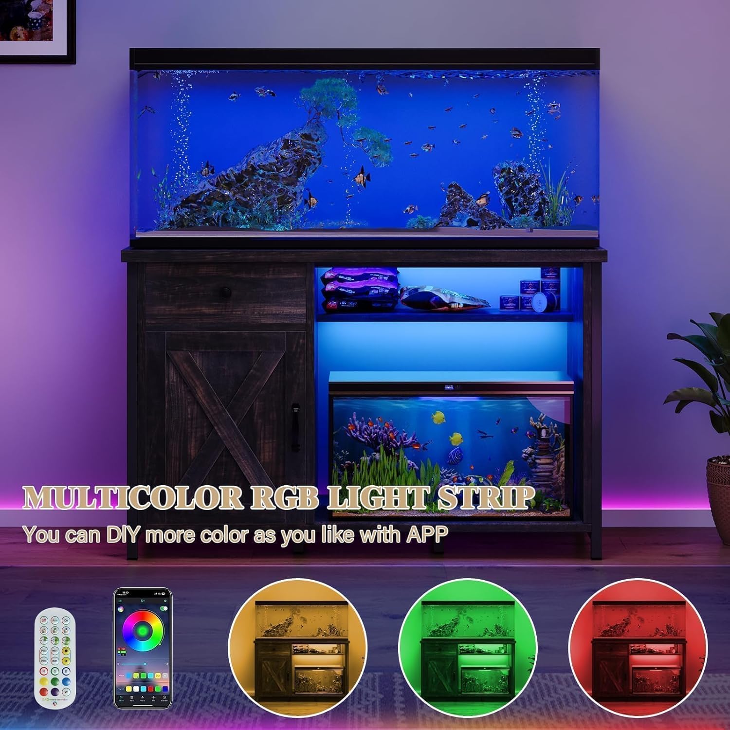 4ever2buy 55-75 Gallon Fish Tank Stand with Power Outlets, LED Light, Heavy Duty Aquarium Stand with Cabinet for Fish Tank Accessories Storage, for Turtle Tank, Reptile Terrarium, 1100LBS, Oak