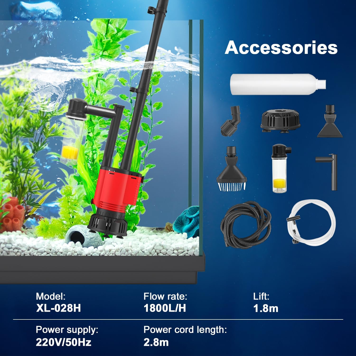 Electric Aquarium Gravel Cleaner Vacuum, Removable Water Changer, Automatic Changer with Multi-Function Nozzles, Strong Suction for Fish Tank Sand Cleaning, Water Changing and Waste Removal