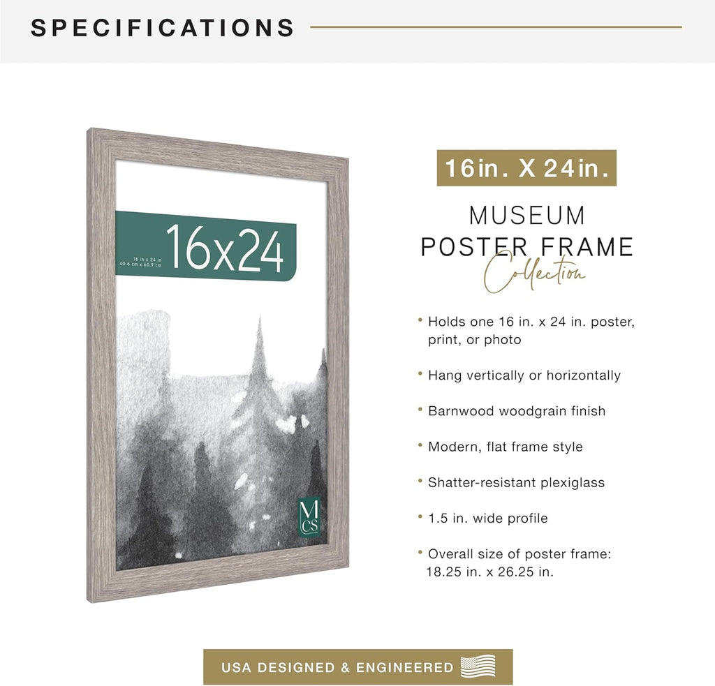MCS Museum Poster Frame 16x24 Barnwood, Vertical & Horizontal Wall Hanging Large Picture Frame for Photos, Posters & Art Prints (1-Pack)