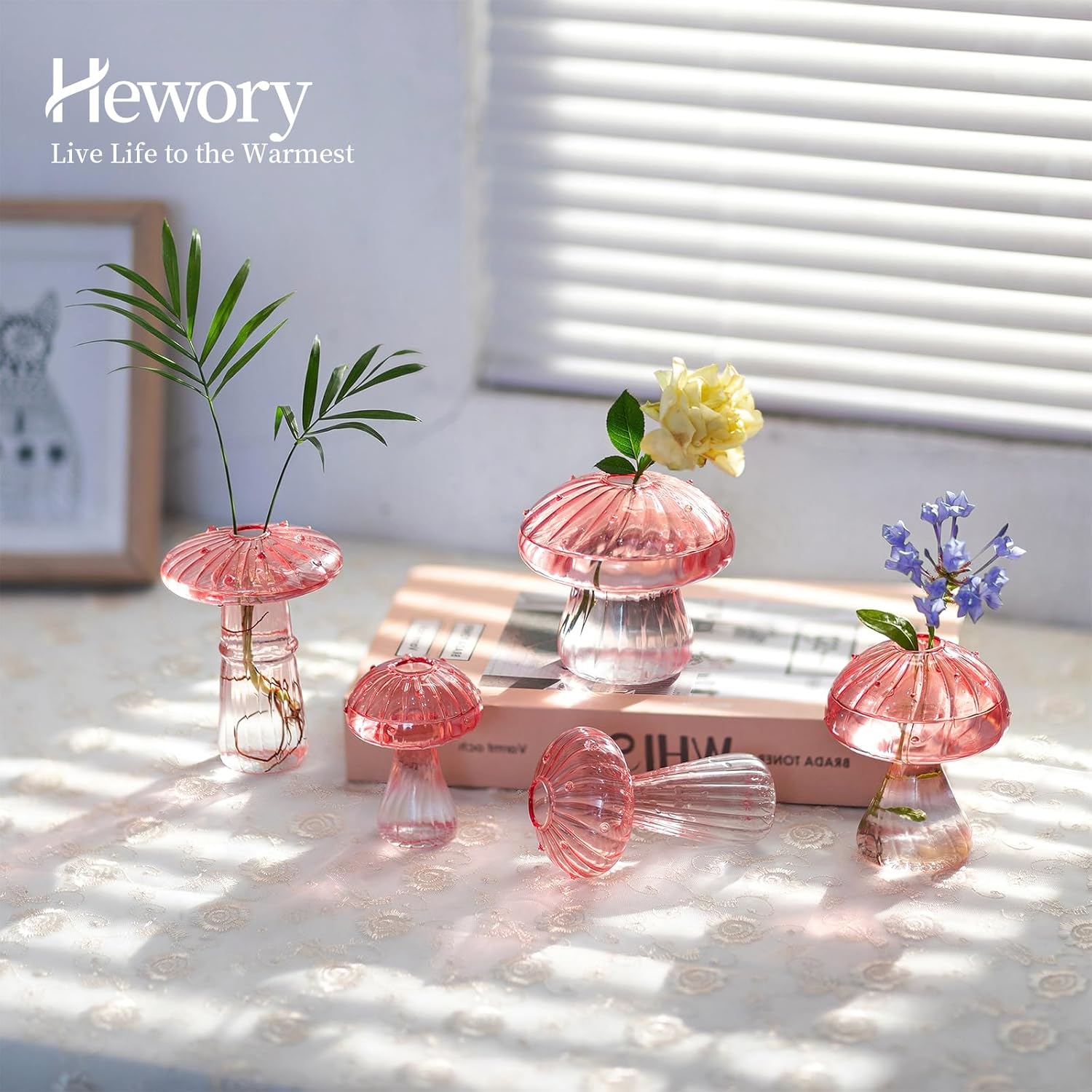 Hewory Mushroom Jars for Plants, 10pcs Pink Glass Mushroom Bud Vase for Flowers, Unique Plant Propagation Stations Propagating Vases Decor, Mini Cute Hydroponic Terrarium Planter for Indoor Planters