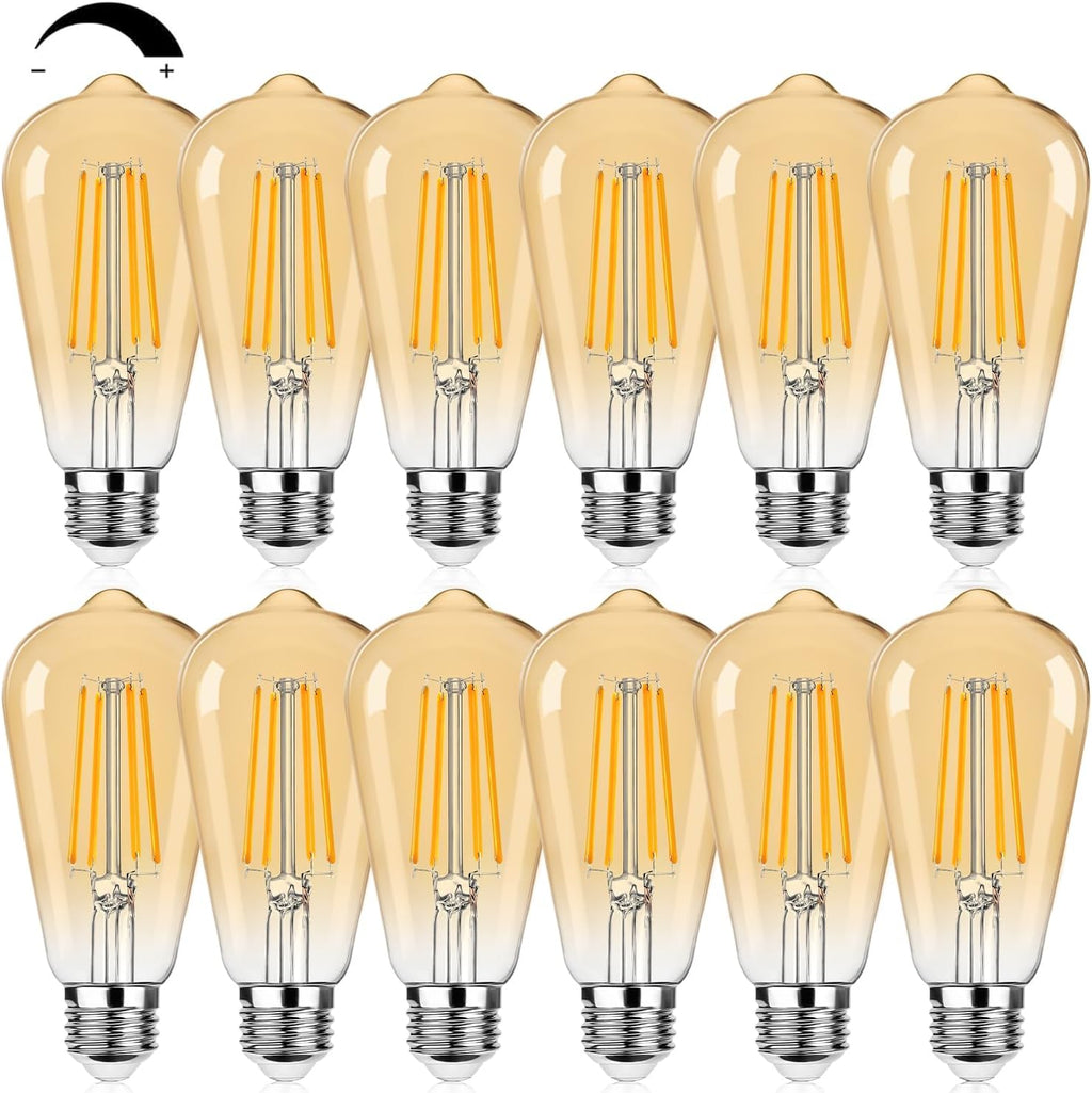 12Packs ST64 Large Vintage LED Edison Bulbs, 60W Equivalent 7W, 800Lumens, Dimmable Antique LED Filament, 2700K Amber Warm White, E26 Medium Base Light Bulbs High Brightness for Bedroom Office