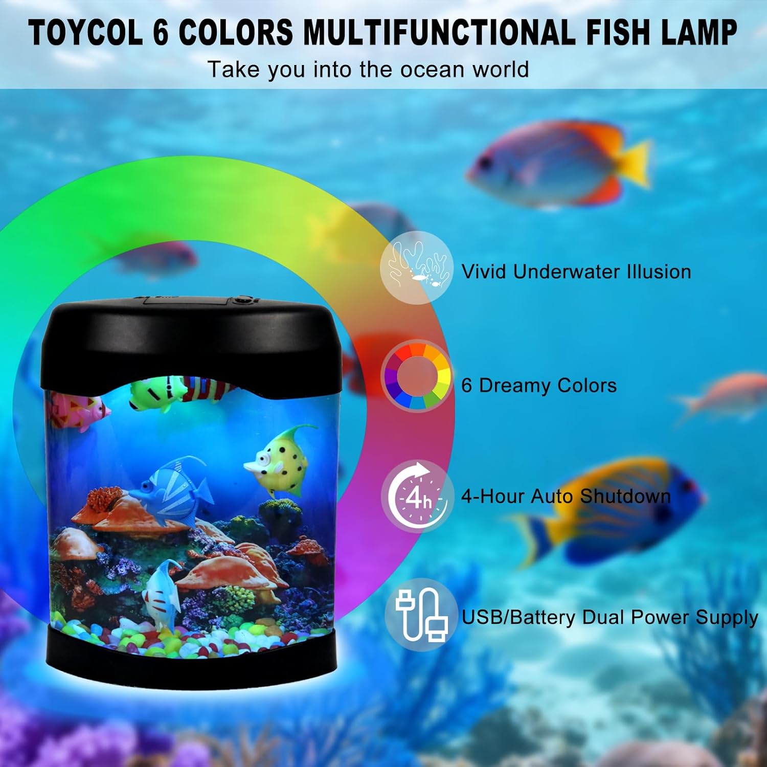 Glowing Fish Lamp Aquarium with 6 Color-Changing LED, 6 Moving Fake Fish & Realistic Ocean Scene - USB Powered Night Light for Bedroom, Office Decor, Relaxation Ideal Gift with Auto Shut-Off