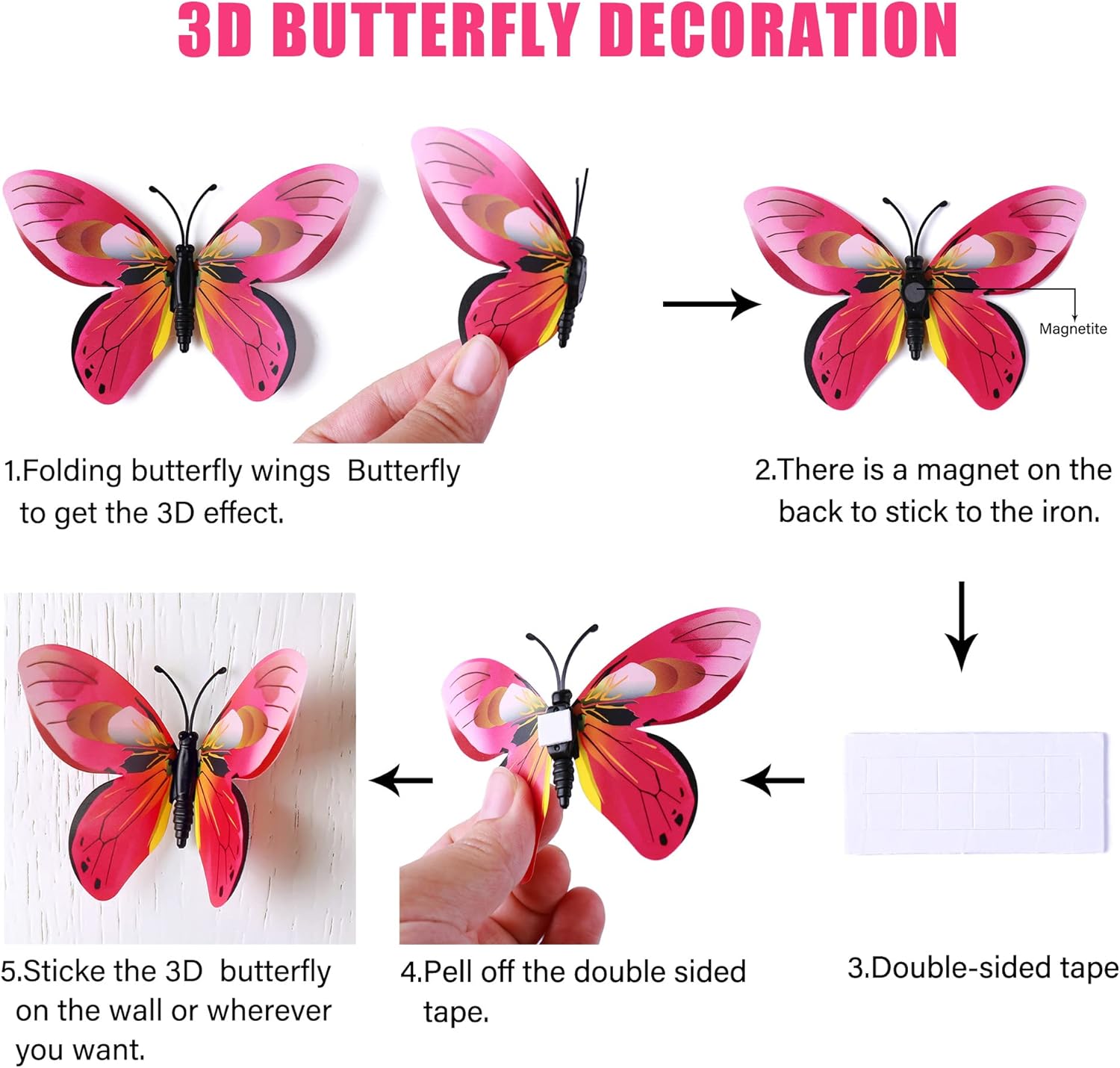 LiveGallery 72 PCS Rose Red Removable 3D DIY Beautiful Butterfly Wall Decals Colorful Butterflies Art Decor Wall Stickers Murals for Kids Baby Boy Girls Bedroom Classroom Offices (Rose Red)