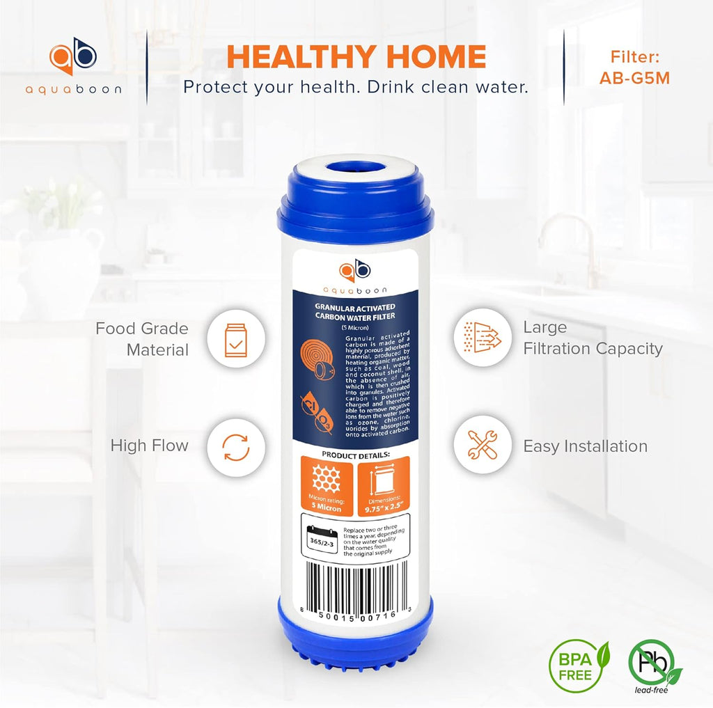 Aquaboon 5 Micron 10 x 2.5 Granular Activated Carbon Water Filter Cartridge GAC Water Filter Replacement Compatible with AP117, GAC-10, GAC1, 6 Pack
