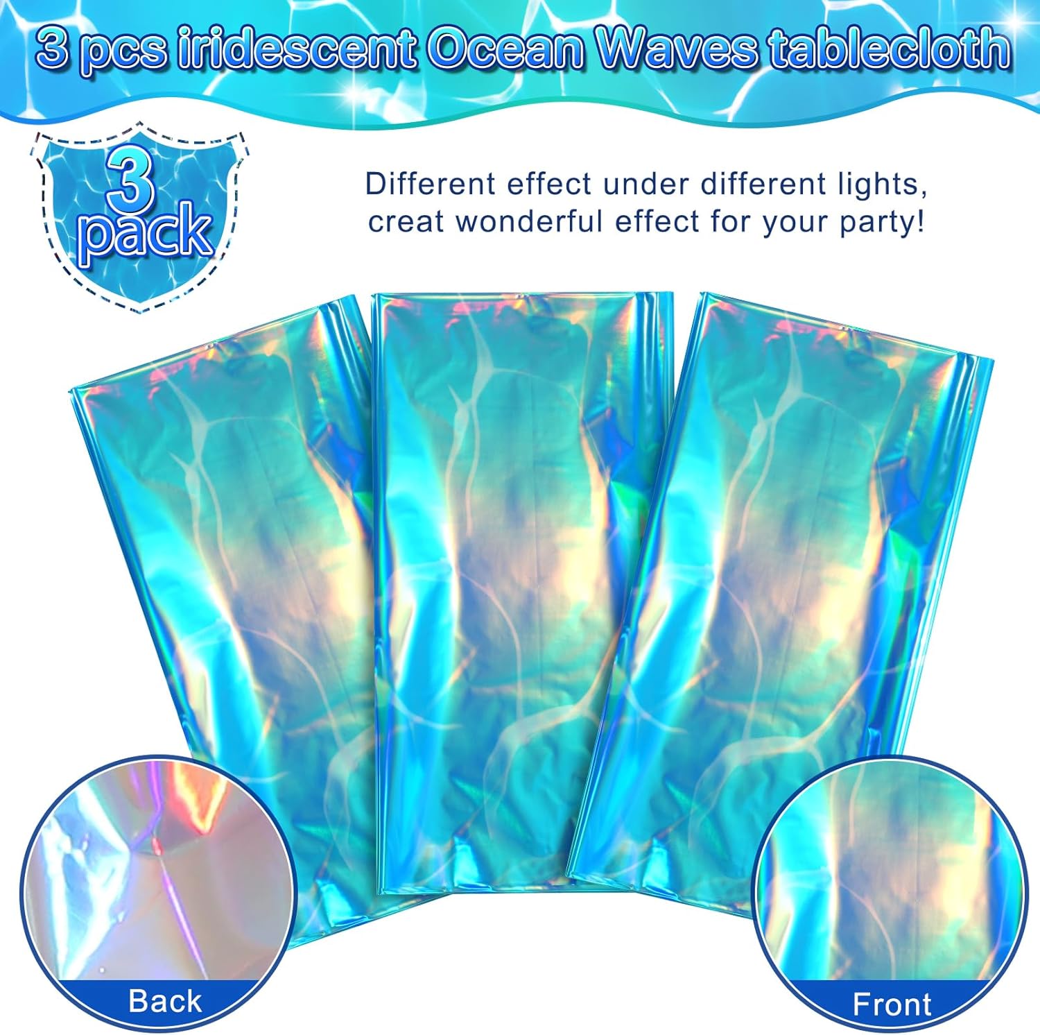 3 Pack Ocean Tablecloths Iridescent Plastic Disposable Table Cloth Rectangle Water Wave Table Covers for Under Sea Ocean Pool Beach Party Decorations, 54 x 108Inch