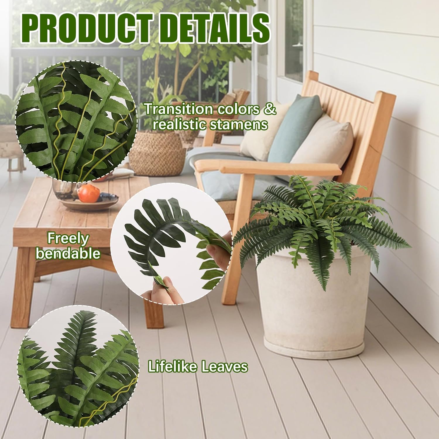 JUSTOYOU 25" Realistic Artificial Boston Fern Bush, 1 Pc with 24 Fronds Faux Fake Ferns UV Resistant Plants for Living Room, Garden, Porch and Front Door Decor