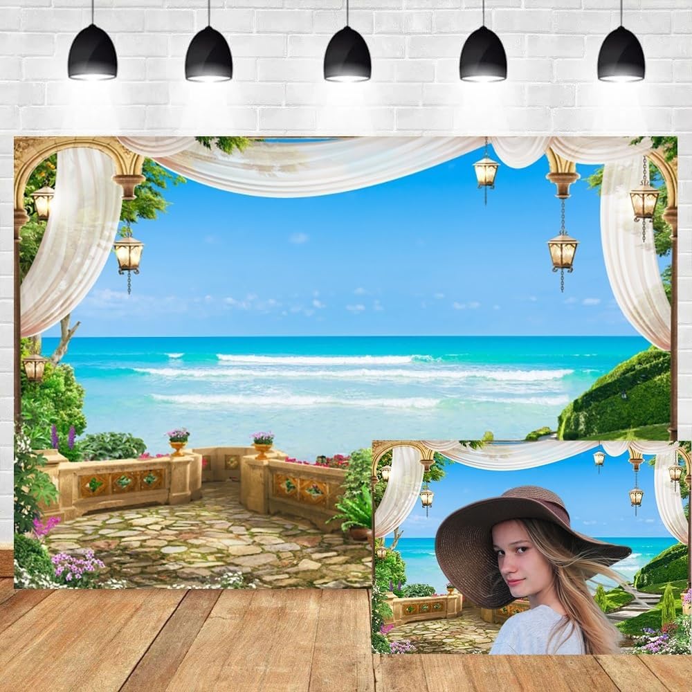 12x6ft Garden Backdrop Vintage Summer Scenery Seaside Landscape Wall Backdrop for Photography Backdrops Green Grass Flowers Blue Sea Romantic Wedding Photography Background Photo Booth Props