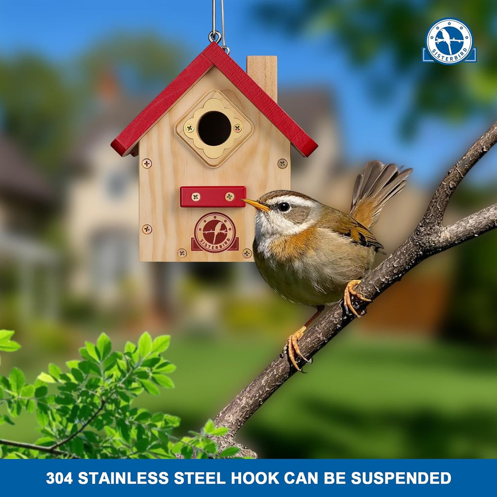 Wren Bird House, Premium Wooden Bird Houses for Outside, Classic Cabin Design Birdhouses for Outdoors, Hanging Bird House, Red-Breasted Nuthatch Wren Chickadee