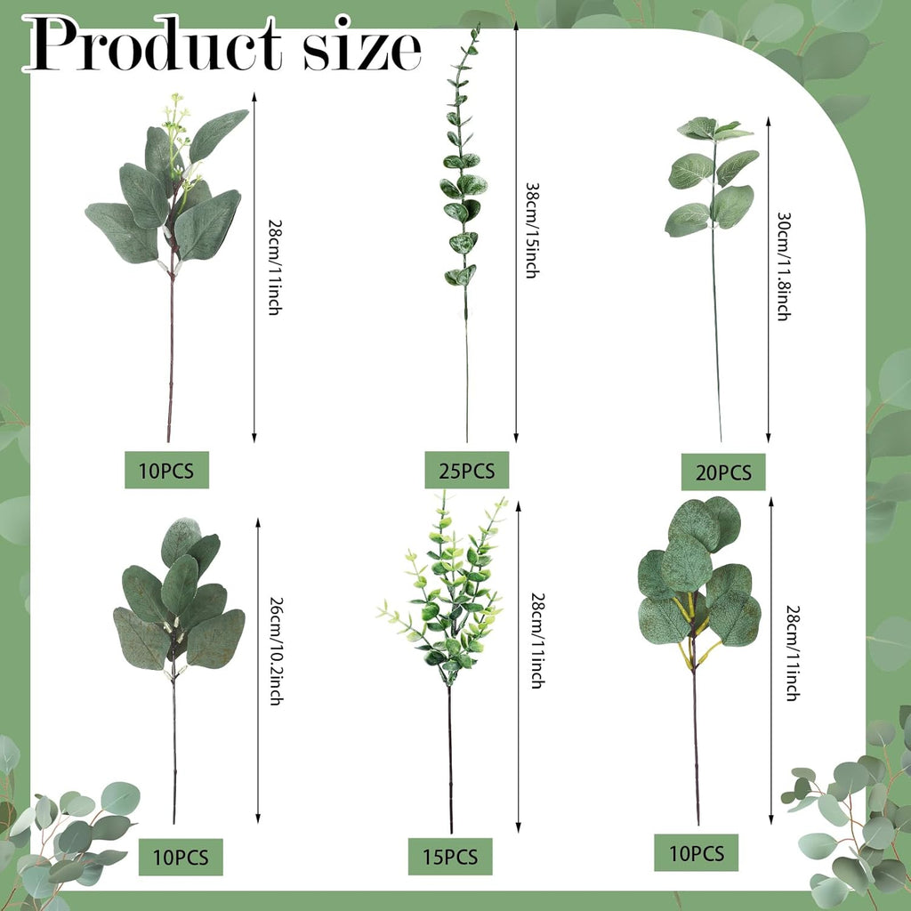 Ceenna 90 Pcs 6 Kinds Mixed Eucalyptus Leaves Stems Bulk Artificial Eucalyptus Leaves Sprays Silver Dollar Faux Greenery Picks Bundle for Wedding Vase Floral Arrangement Decor