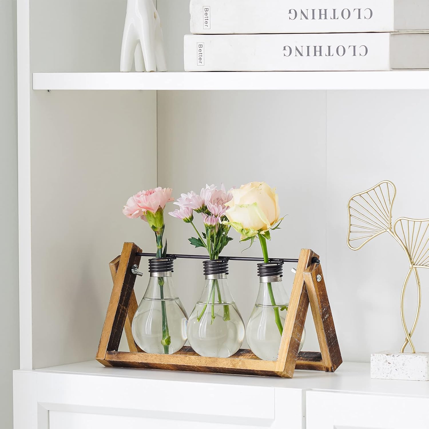 Marbrasse Plant Propagation Stations with Wooden Stand, Desktop Plant Terrarium Holder Bulb Vase, Glass Vase Container with Metal Swivel Holder for Hydroponics of Home Garden Office Decor Lover Gifts