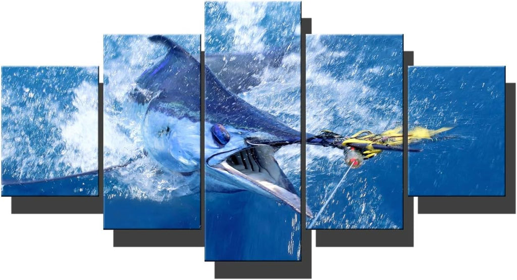Framed Wall Art Big Swordfish in Sea Picture for Living Room Fishing Paintings Fish Blue Seascape Artwork 5 Panel Prints on Canvas Giclee Rustic Home Decor Gallery-Wrapped Ready to Hang(60''W x 32''H)