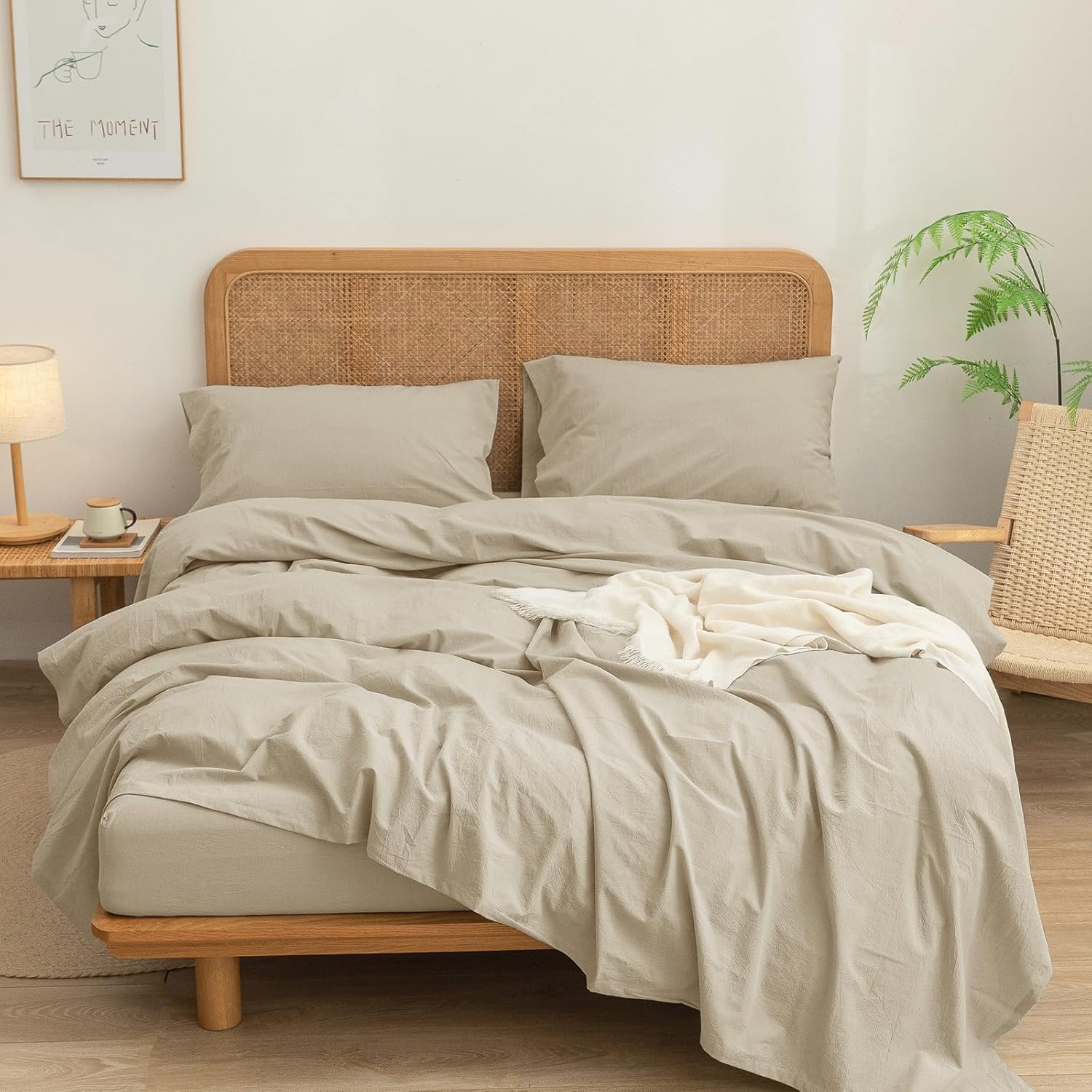 BESTOUCH Sheet Set 100% Washed Cotton Linen Feel Super Soft Comfortable Chic Lightweight 4 Pcs Home Bedding Set Solid Almond Milk Grey King