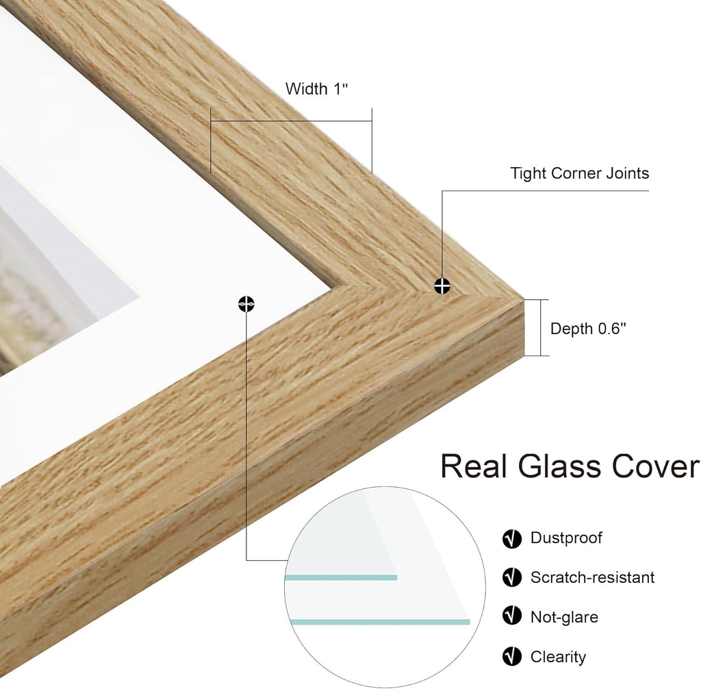 11x14 Picture Frame Set of 2, Natural Oak Wood Frame with Real Glass Collage Picture Frames, Display Pictures Five 4x6 With Mat or 11 x 14 Without Mat, Photo Frames Wall Gallery