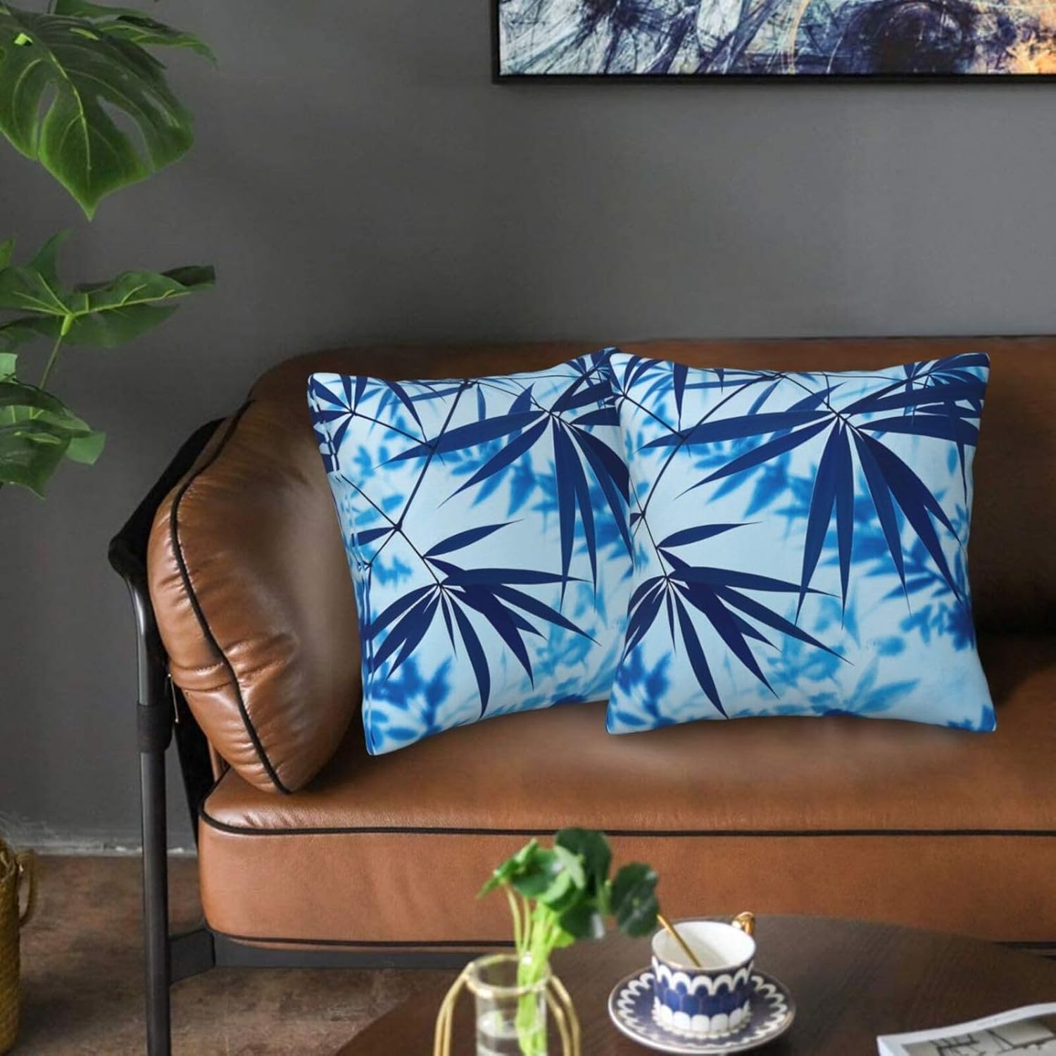 Blue Gradient Bamboo Leaf Throw Pillow Covers Set of 2 Ultra-Soft All-Season Pillow Shams with Hidden Zipper,Durable for Sofa Bed Car Decor & Gift 18x18IN