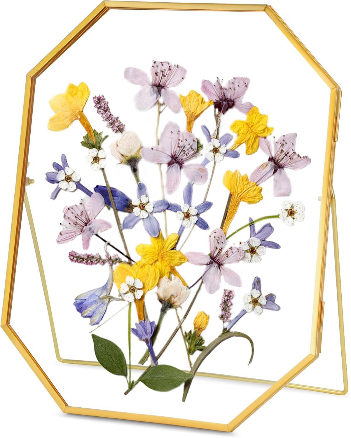 Glass Pressed Flower Frame, Handmade Metal Floating Frame, Double Glass for Tabletop Display - Unique Brass Octagon, Gold, 8x10 inches