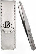 Professional Tweezers in Case - Slant, Durable Lightweight German Stainless Steel, Ultra Precision Tweezers for Eyebrows, Facial Hair, Chin, and Ingrown Hair Removal - Gift (Matte Gray)
