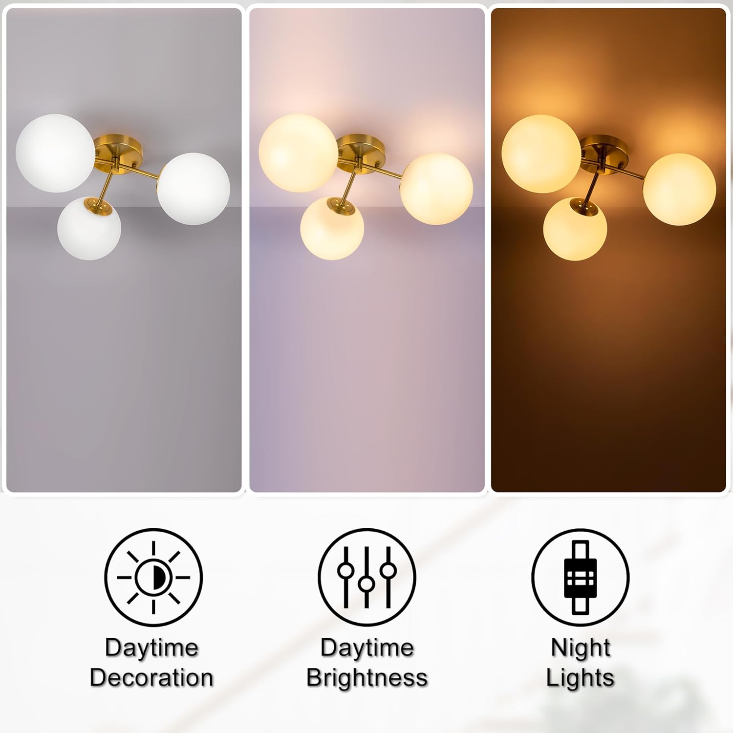 Maxax 17" Gold Ceiling Light, 3 Lights Modern Flush Mount Fixture with Opal Milk Glass Globe, Mid Century Brass Semi Chandelier, Sputnik Ceiling Lamp for Living Room, Dining Room, Bedroom, Entryway