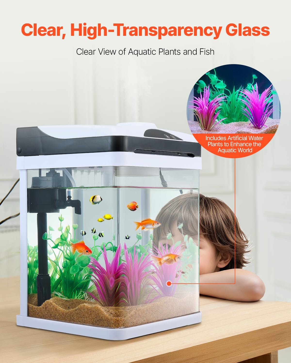 VEVOR Fish Tank Aquarium, 2 Gallon LED Square Ultra-Clear Glass Tank Temperature Monitoring Adjustable 7 Color Lighting, Self Cleaning System Fishbowl for Freshwater & Saltwater Fish Home,Office,Pet
