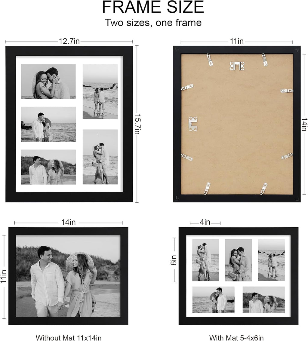 11x14 Picture Frame Set of 2, Black Wood Frame with Real Glass Collage Picture Frames, Display Pictures Five 4x6 With Mat or 11 x 14 Without Mat, Photo Frames Wall Gallery