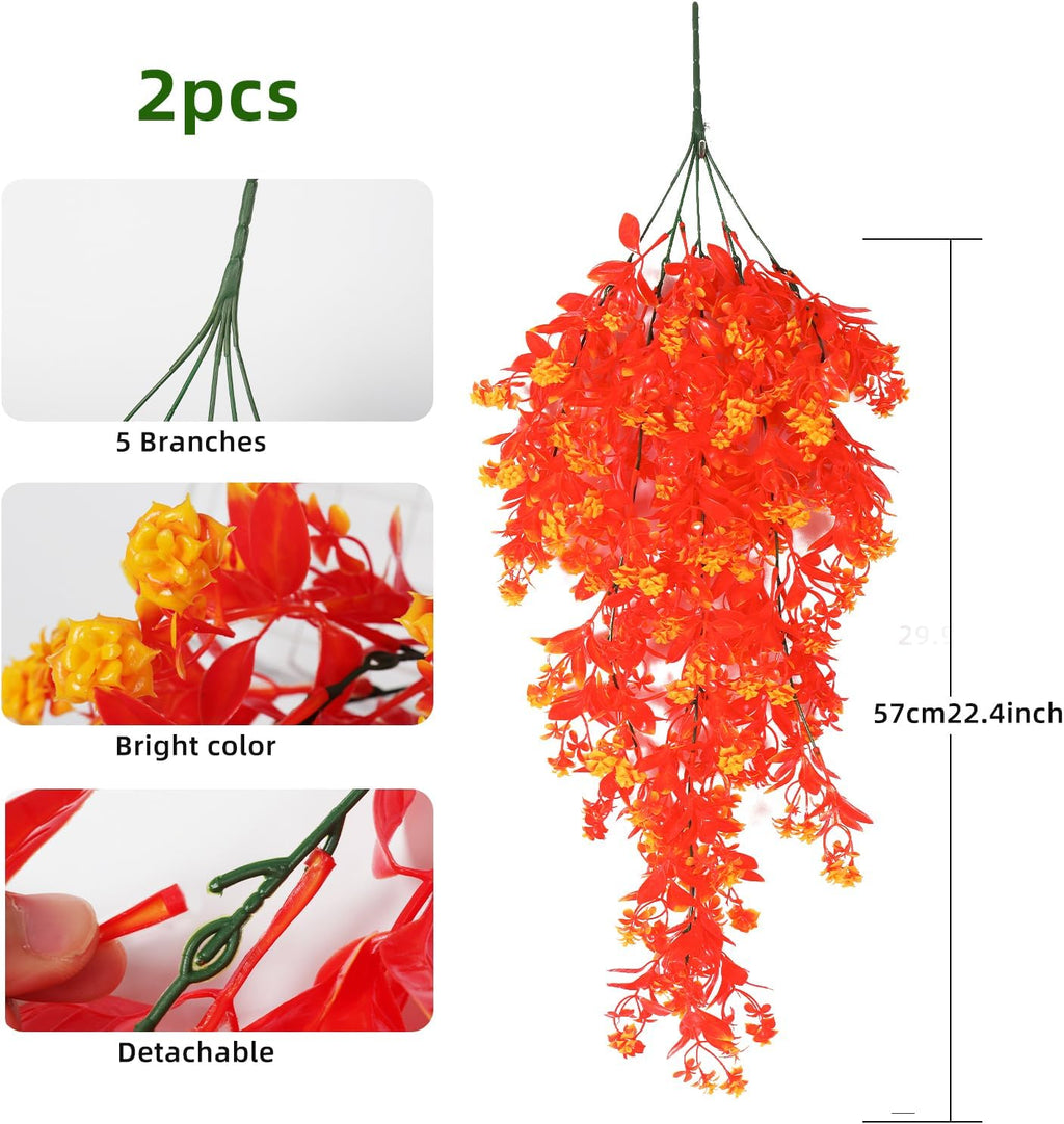 RECUTMS Pack of 2 Hanging Fake Flowers Artificial Outdoor UV Resistant Greenery Faux Plastic Plants for Farmhouse Garden Veranda Porch Bathroom Kitchen Arrangements (Gold)