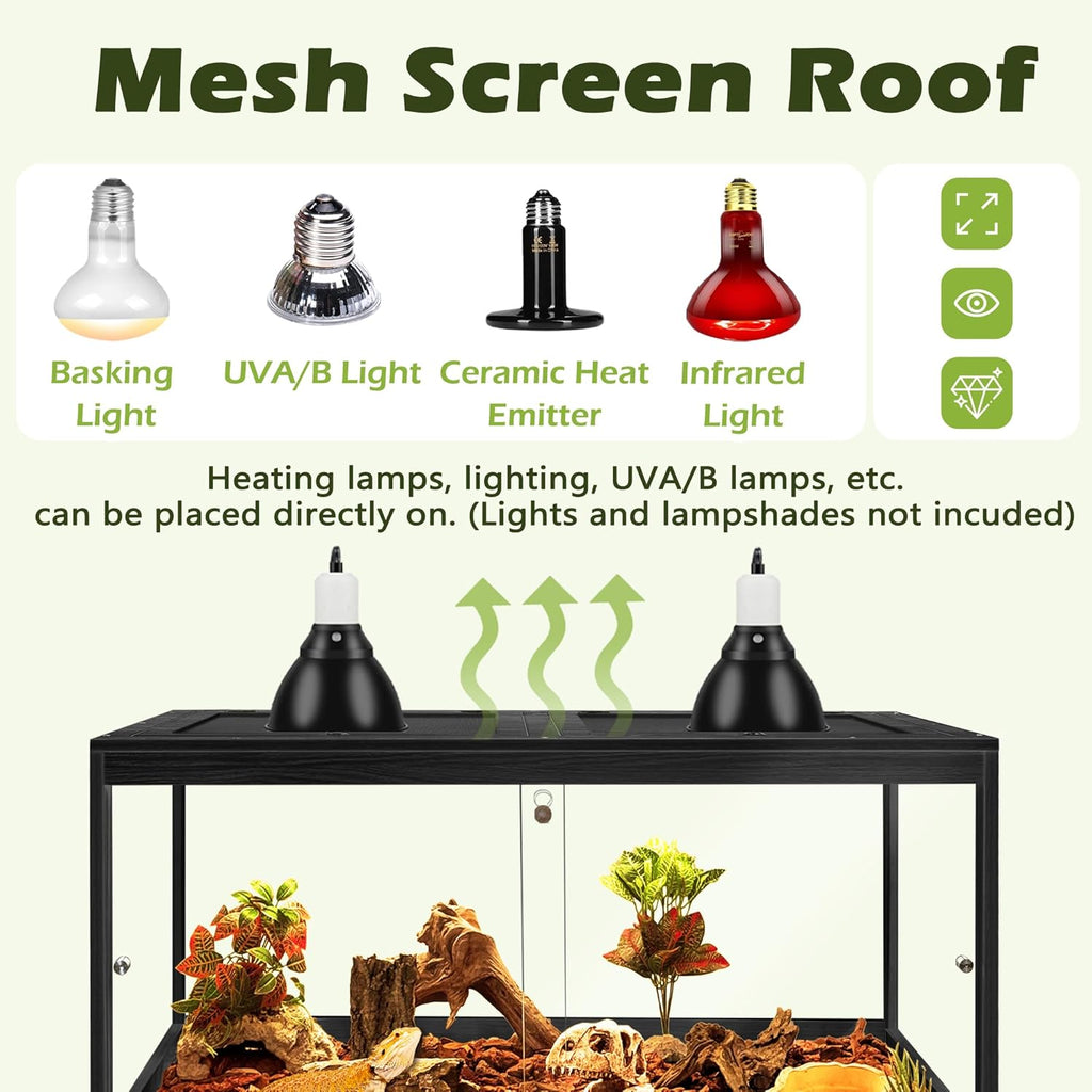 Prolee Tempered Glass Bearded Dragon Tank 28 Gallon,Reptile Encloure and Snake Tank with Metal Mesh Roof Door,Locking Design Reptile Tank for Lizard,Gecko,Chameleon (Black, 63 Gallon (40x20x20 Inch))