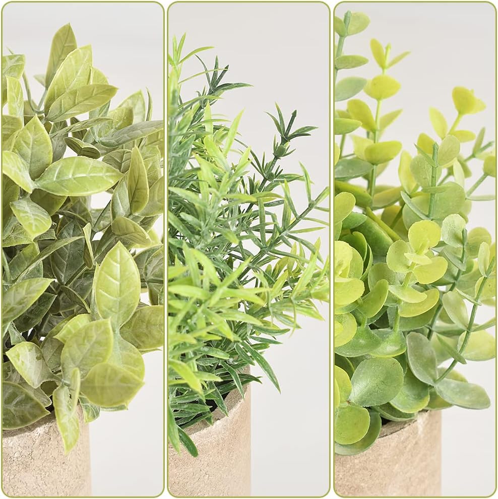 homEdge Artificial Mini Potted Eucalyptus, 3 Packs Artificial Plastic Plant Greenery with Pot for Home, Office Desk Decoration