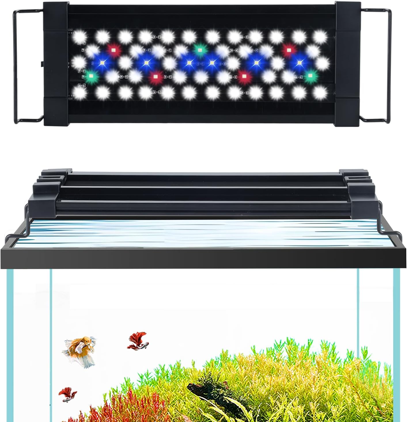 USB LED Aquarium Light for 12–18 Inch Fish Tanks – Timer with Auto On/Off, 10-Level Brightness, White/Blue/Red+White Modes, Extendable Brackets & Hanging Design (No USB Power Adapter)