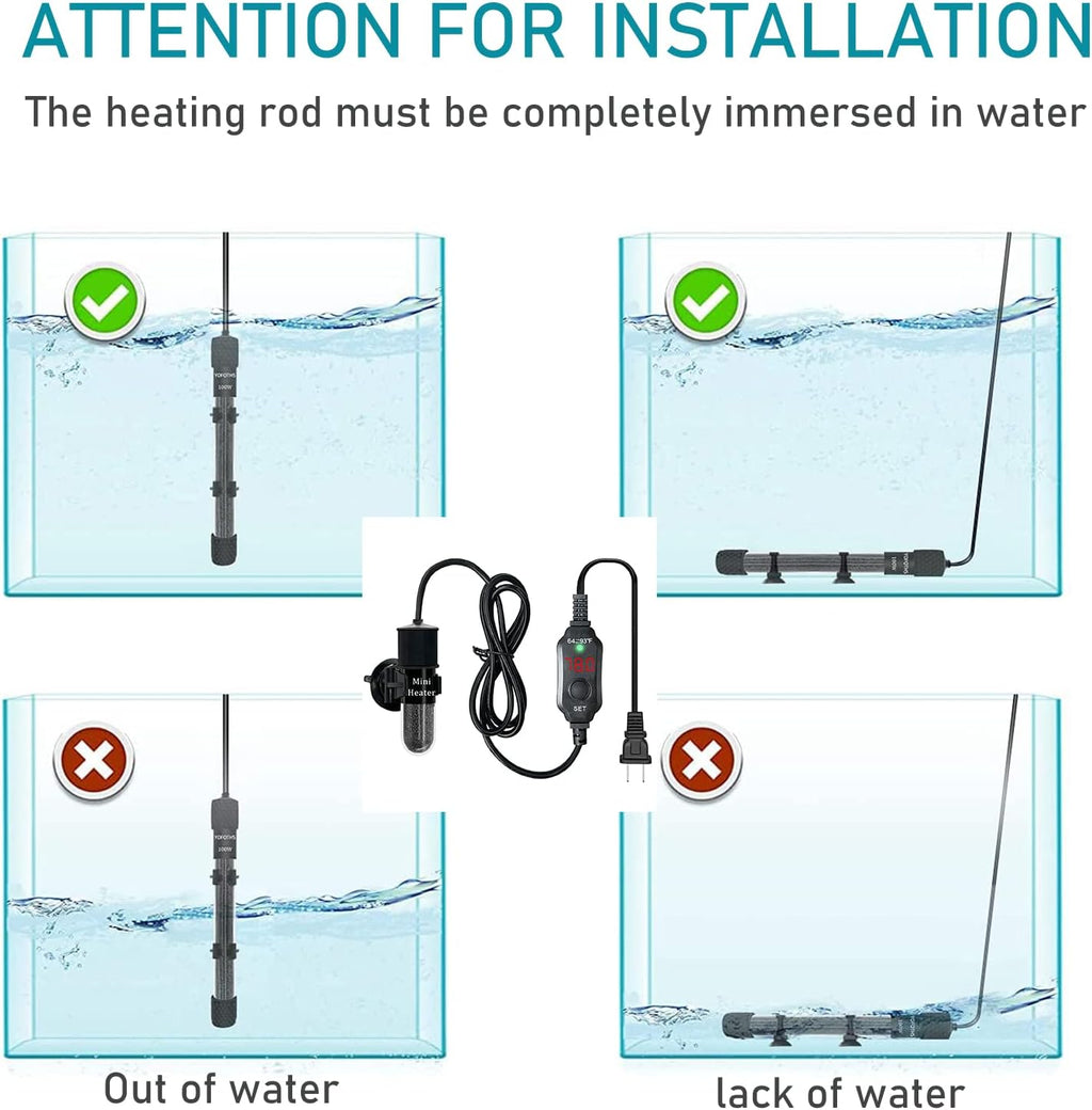 Mini Submersible Aquarium Heater, 10/20/25/50/100/150 Watts Adjustable Fish Tank Heater, Built-in Thermometer, External Temperature Controller, Smart Memory, Used for 1-60 Gallons (10W Plug)