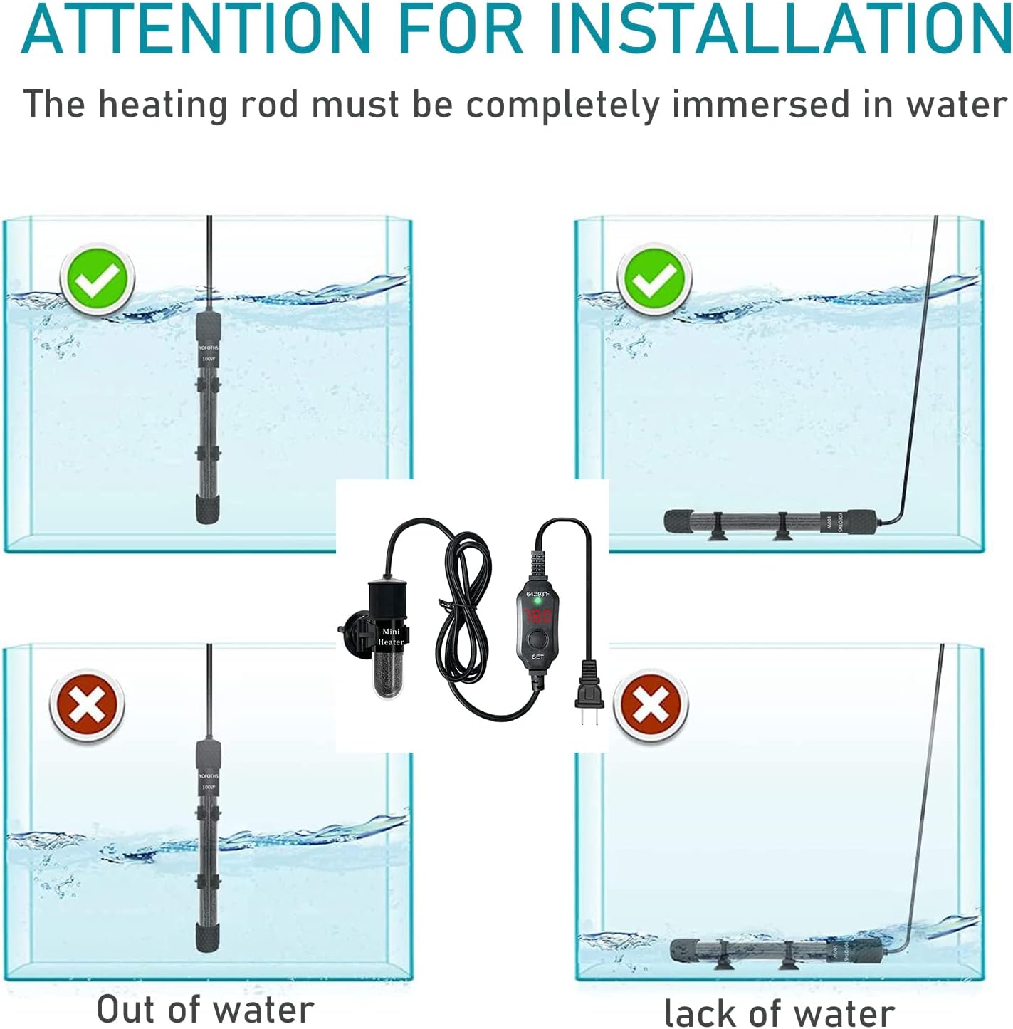 Mini Submersible Aquarium Heater, 25/30/50/100/150/200 Watts Adjustable Fish Tank Heater, Built-in Thermometer, External Temperature Controller, Smart Memory, Used for 1-60 Gallons (30W Plug)