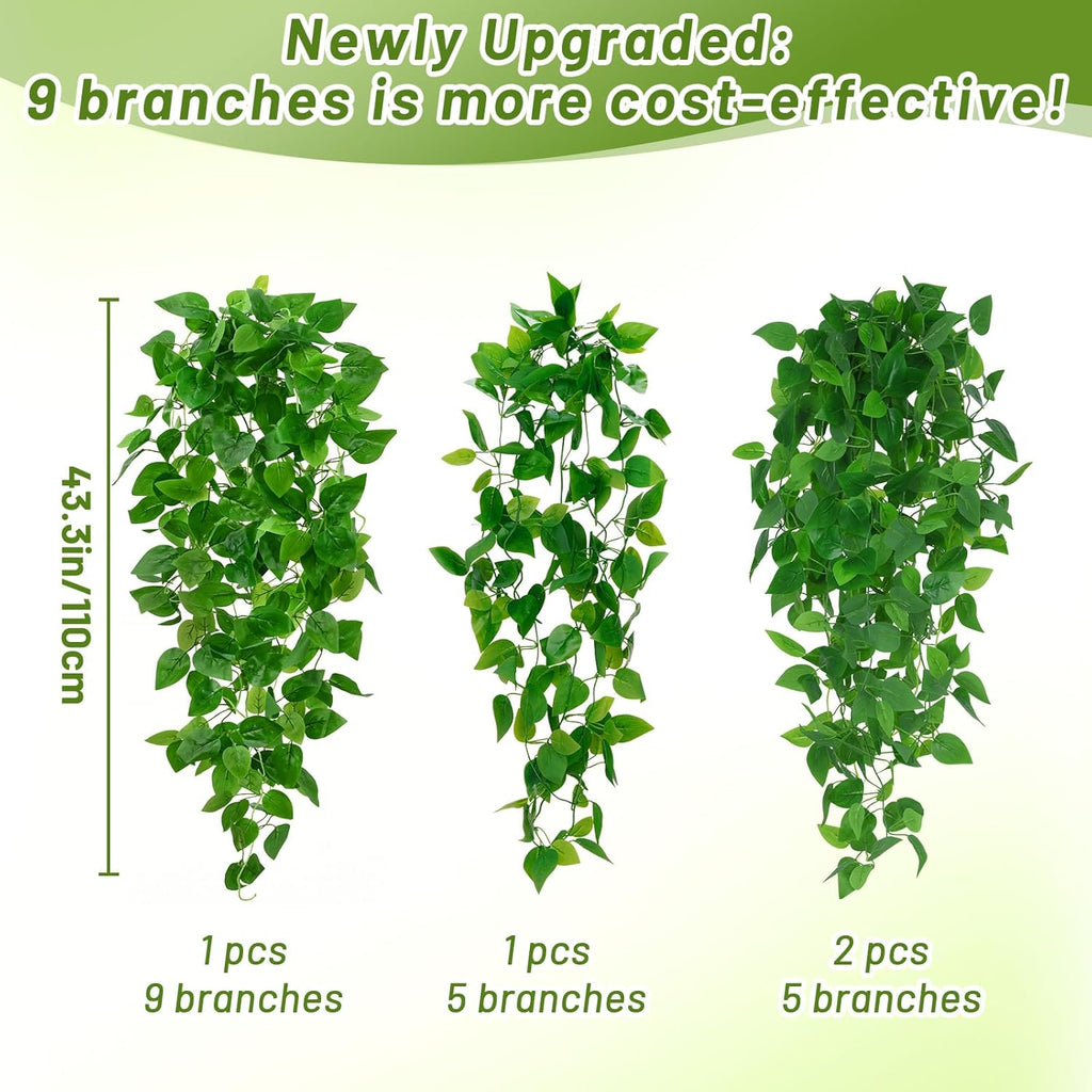 BLEUM CADE 2Pcs Fake Hanging Plants, 9 Branch Artificial Hanging Plant, Lush Faux Pothos Vines for Home Room Wall Shelf Porch Outdoor Indoor Decor (No Baskets)