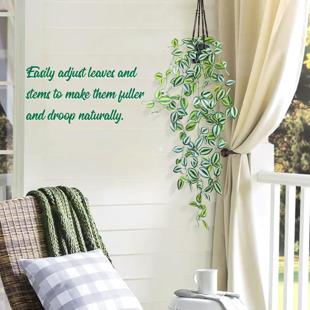 LOYWREE Fake Hanging Plants - Small Potted Plants with Green Eyebrow-Leaf Trailing Vines, Indoor Outdoor Aesthetic Decor for Office, Living Room Shelf & Home Accent (Black Pot)