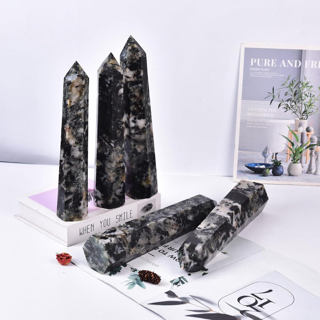 JIC Gem Large Black and White Tourmaline Crystal Obelisk Tower Wand 6 Faceted Healing Crystal Quartz Wand Point Home&Desktop Decoration 2.2-2.6 Lbs