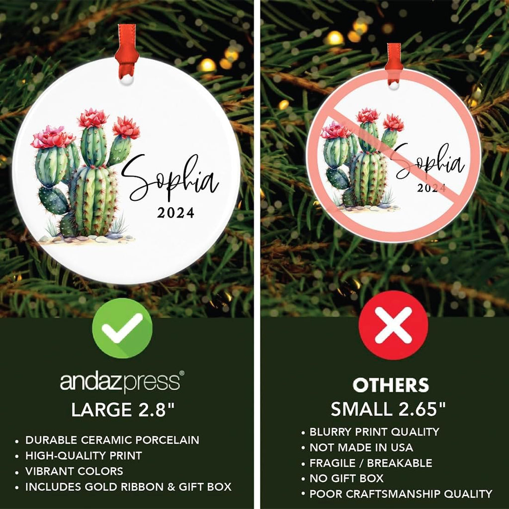 Andaz Press 2.8" Ceramic Porcelain Personalized Christmas Cactus Ornament, Baby Cactus Design, Custom Cactus Christmas Ornaments, Succulent Ornament Cactus Decor, Custom Name Ornament with Ribbon