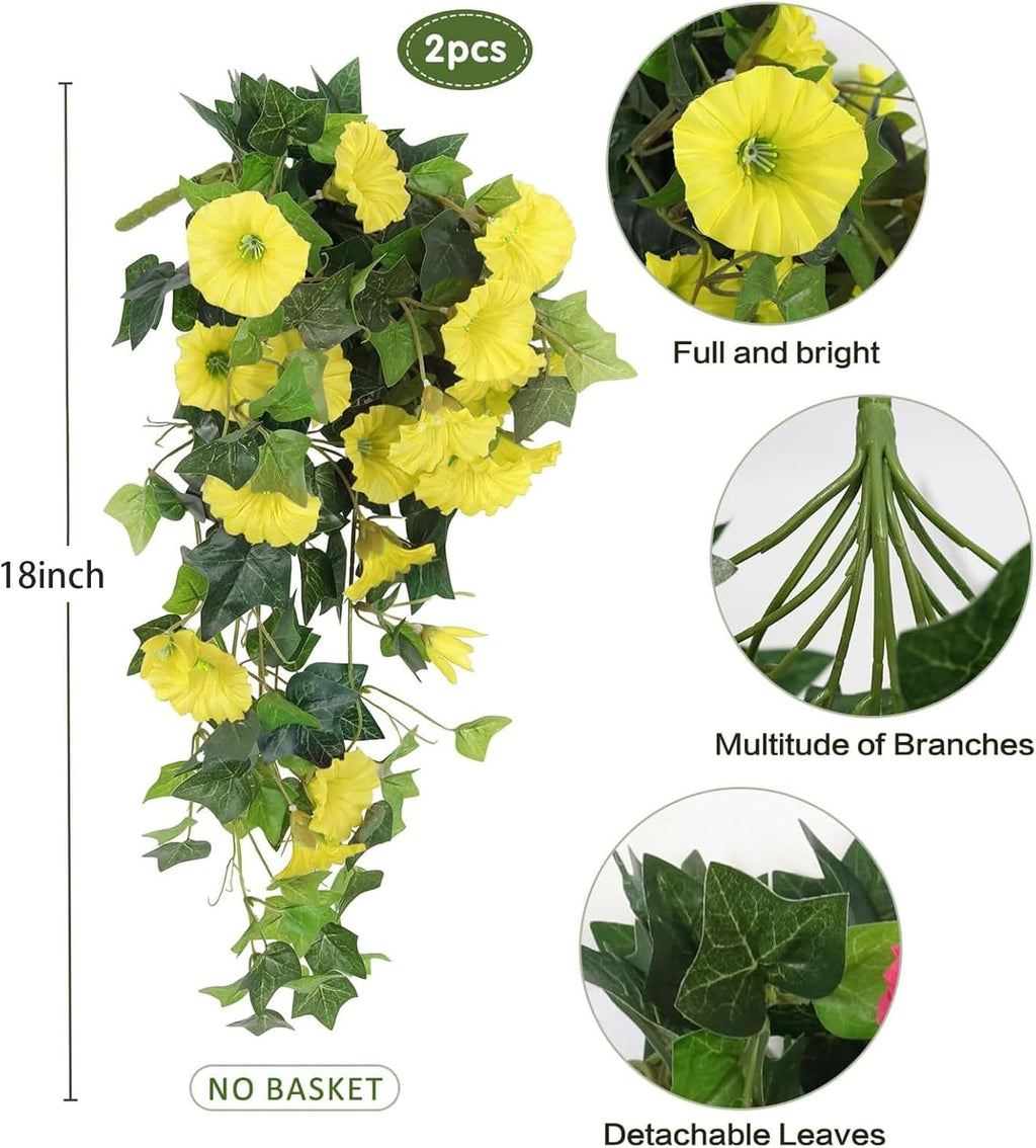 RECUTMS Artificial Fake Hanging Flowers Plants for Outdoor Decoration, 2 Pcs UV Resistant Faux Petunias Trailing Plants Realistic Flower Look Real for Door Wall Yard Porch Garden Planter (Yellow)