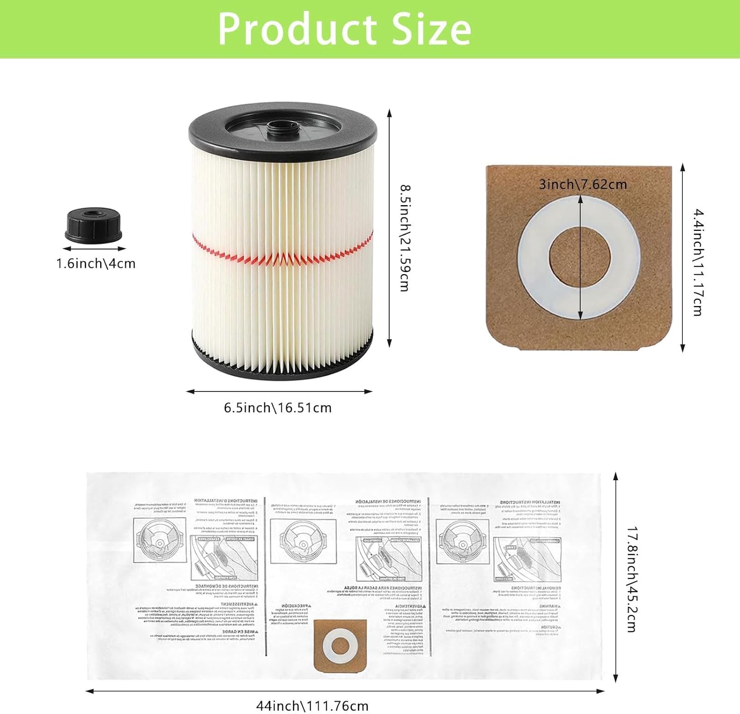 MZY LLC 2 Pack 17816 Filter for Craftsman Shop Vac Filter Cartridge Filter Replacement with 4 Pcs CMXZVBE38749 General Purpose Shop Vacuum Dust Collection Bags for 16 and 20 Gallon Shop Vacuums