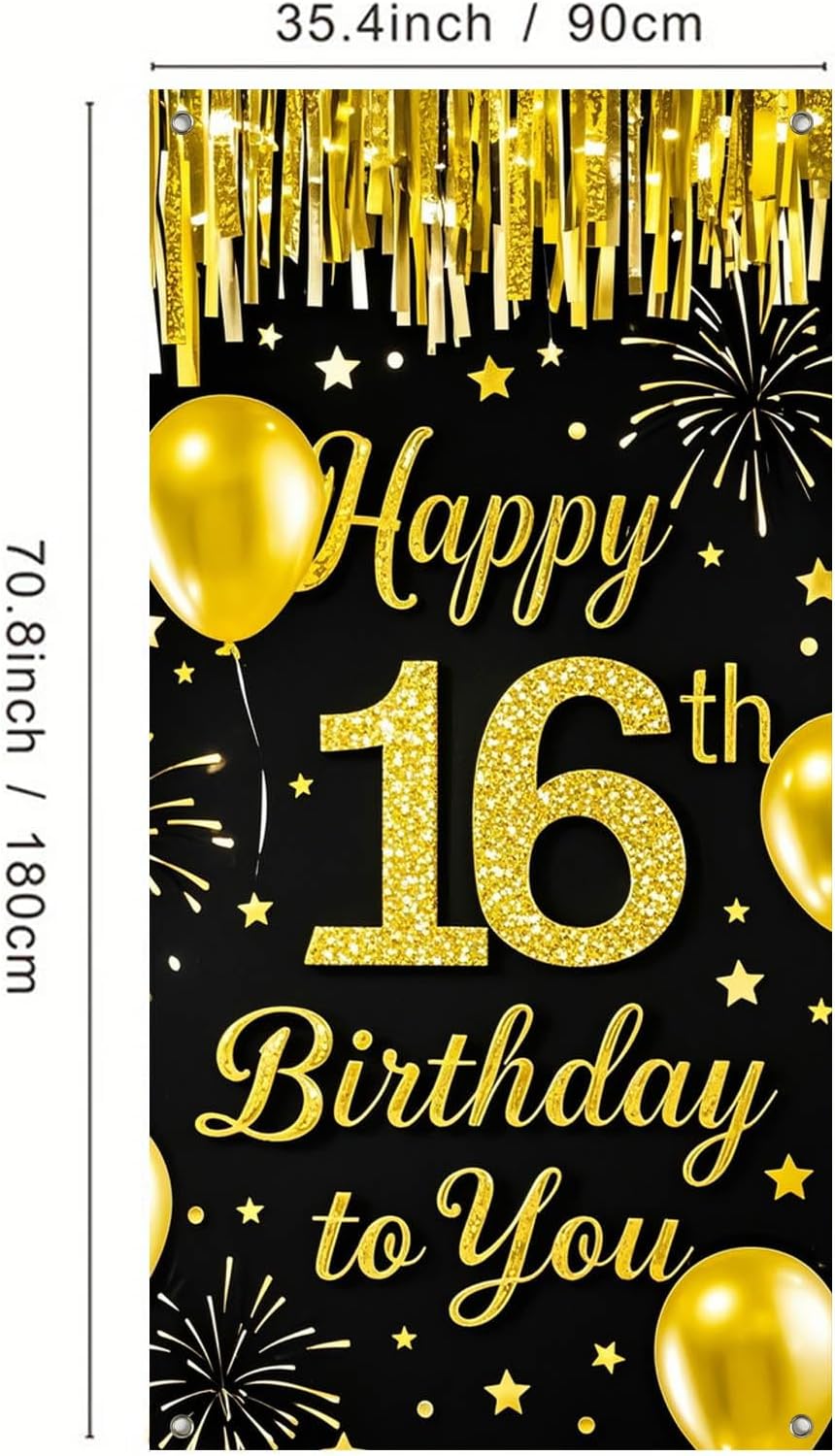 IVN 16th Birthday Door Cover 71x35 Inch Black Gold Birthday Banner for Party Decorations Balloons Stars Fireworks Backdrop Sign for Men Women Photo Booth Prop Wall Decor