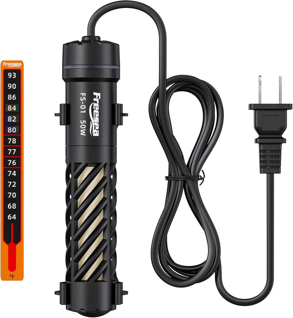 FREESEA Aquarium Heater for Fish Tank: 50W Small Submersible Thermostat with Off-Water Protection & UL Certified Cord for 3-10 Gallon Fish Turtle Tanks Enthusiasts