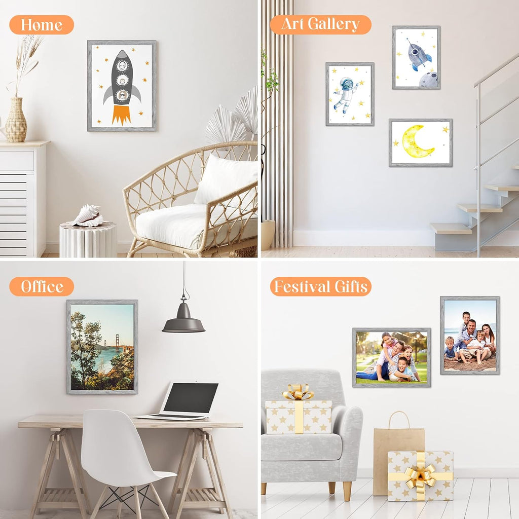 9x12 Wood Frame Gray, Rustic Natural Grey Wooden 12x9in Poster Picture Frame, Distressed 9 x 12inch Woodgrain Gallery Photo Frame with HD Plexiglass, Horizontal Vertical Wall Mounting Display 1pcs