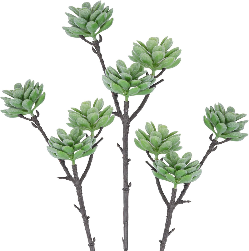 Woration 3PCS Artificial Succulents Branch Fake Plants Unpotted 3-Heads Flocked Succulent Faux Greenery Decor for DIY Basket Planter Centerpiece Floral Arrangement