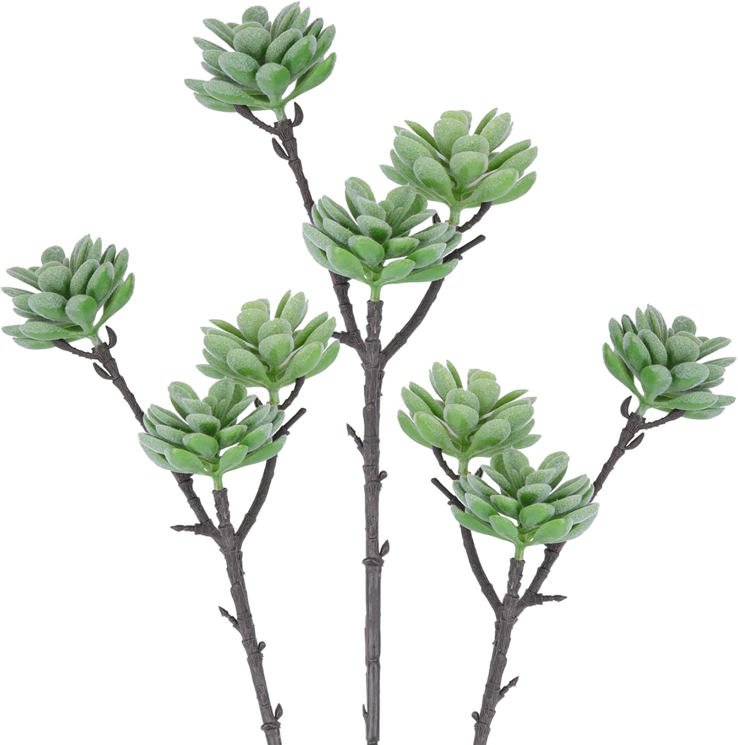 Woration 3PCS Artificial Succulents Branch Fake Plants Unpotted 3-Heads Flocked Succulent Faux Greenery Decor for DIY Basket Planter Centerpiece Floral Arrangement