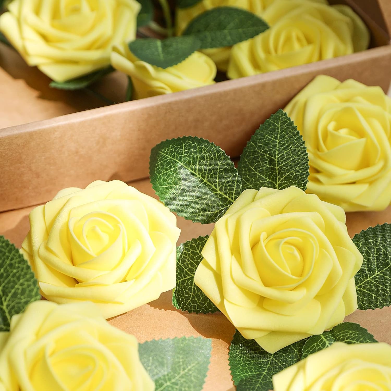 AmyHomie Artificial Flower Yellow Rose 25pcs Real Looking Fake Roses w/Stem for DIY Wedding Bouquets Centerpieces Arrangements Party Baby Shower Valentines Day Christmas Tree Decorations