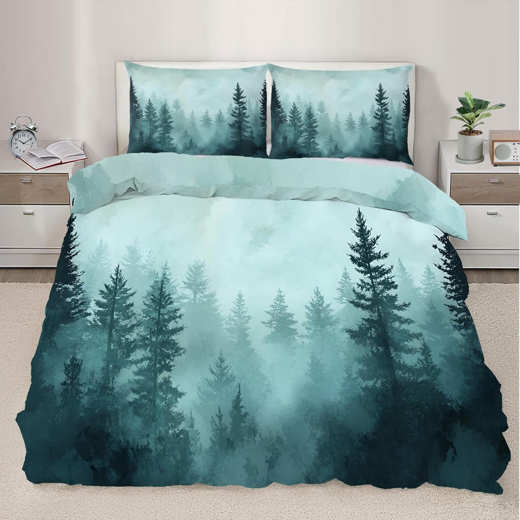 Misty Forest Duvet Cover Twin Watercolor Green Tree Bedding Set 2 Piece for Kids Decor Vintage Natural Comforter Cover and 1 Pillow Sham with Zipper Closure