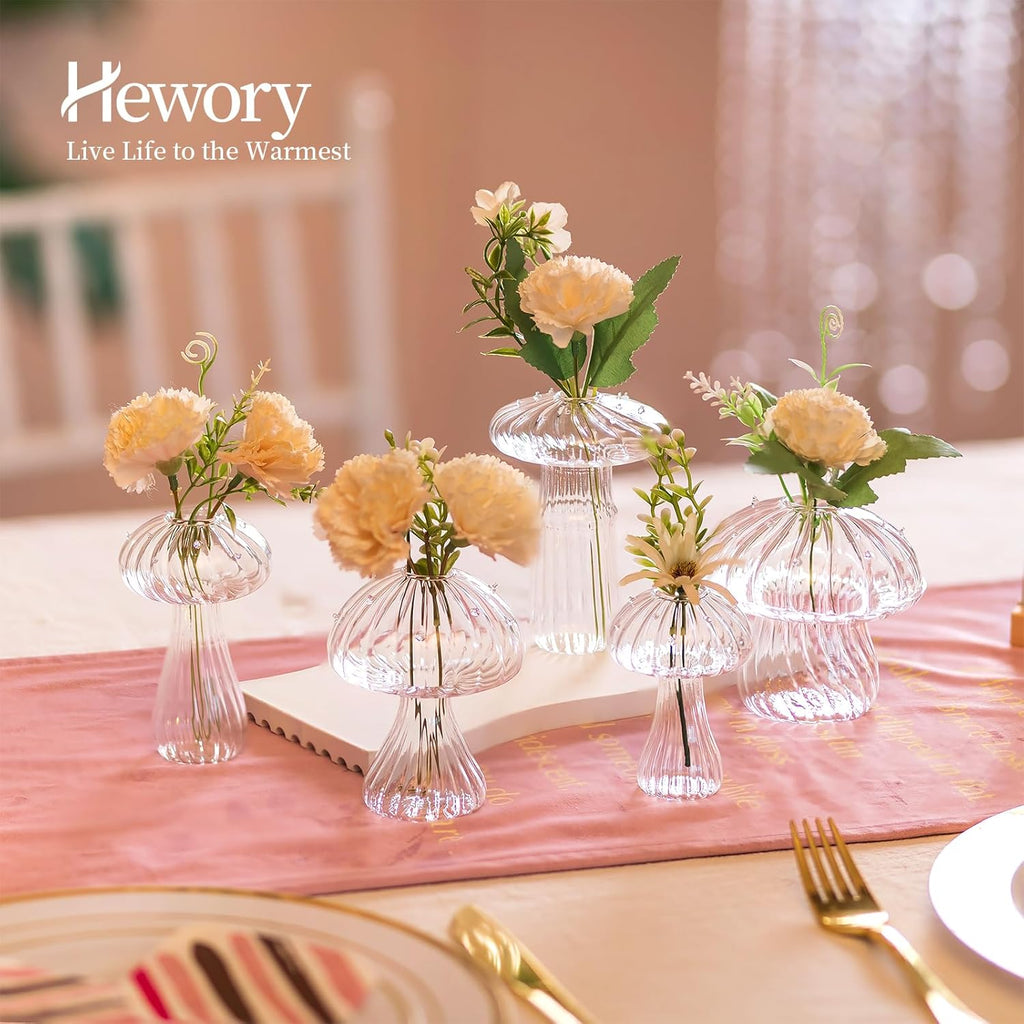 Mushroom Jars for Plants, Hewory 5pcs Clear Glass Mushroom Bud Vase for Flowers, Unique Plant Propagation Stations Propagating Vases Decor, Mini Cute Hydroponic Terrarium Planter for Indoor Planters