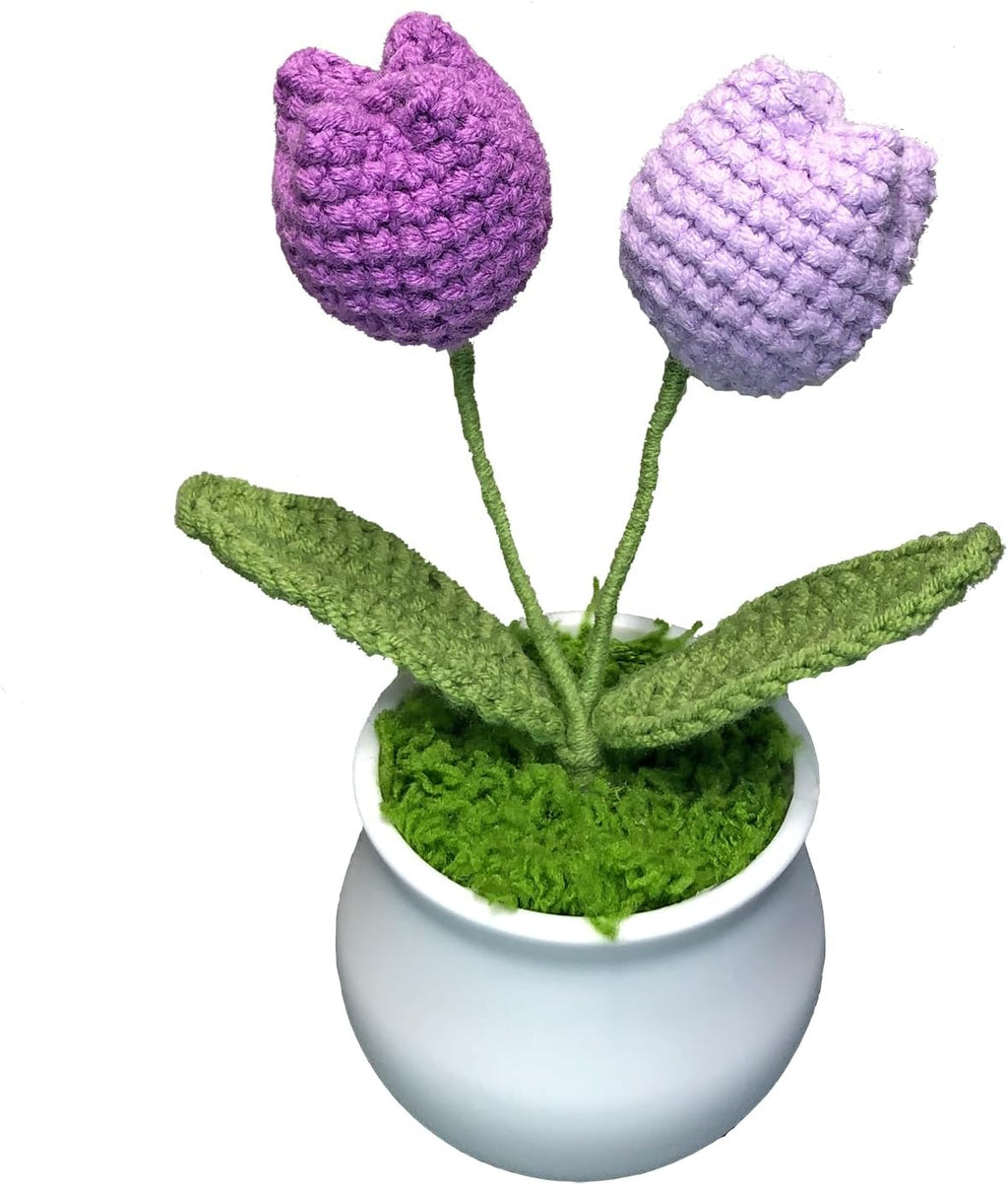 Crochet Flowers Cute Little Potted Flower, Gift for Birthday, Teacher’s Day, Graduation, Anniversary, Christmas, Decor for Car Dashboard,Home Office Decoration (Purple Gradient Tulips)