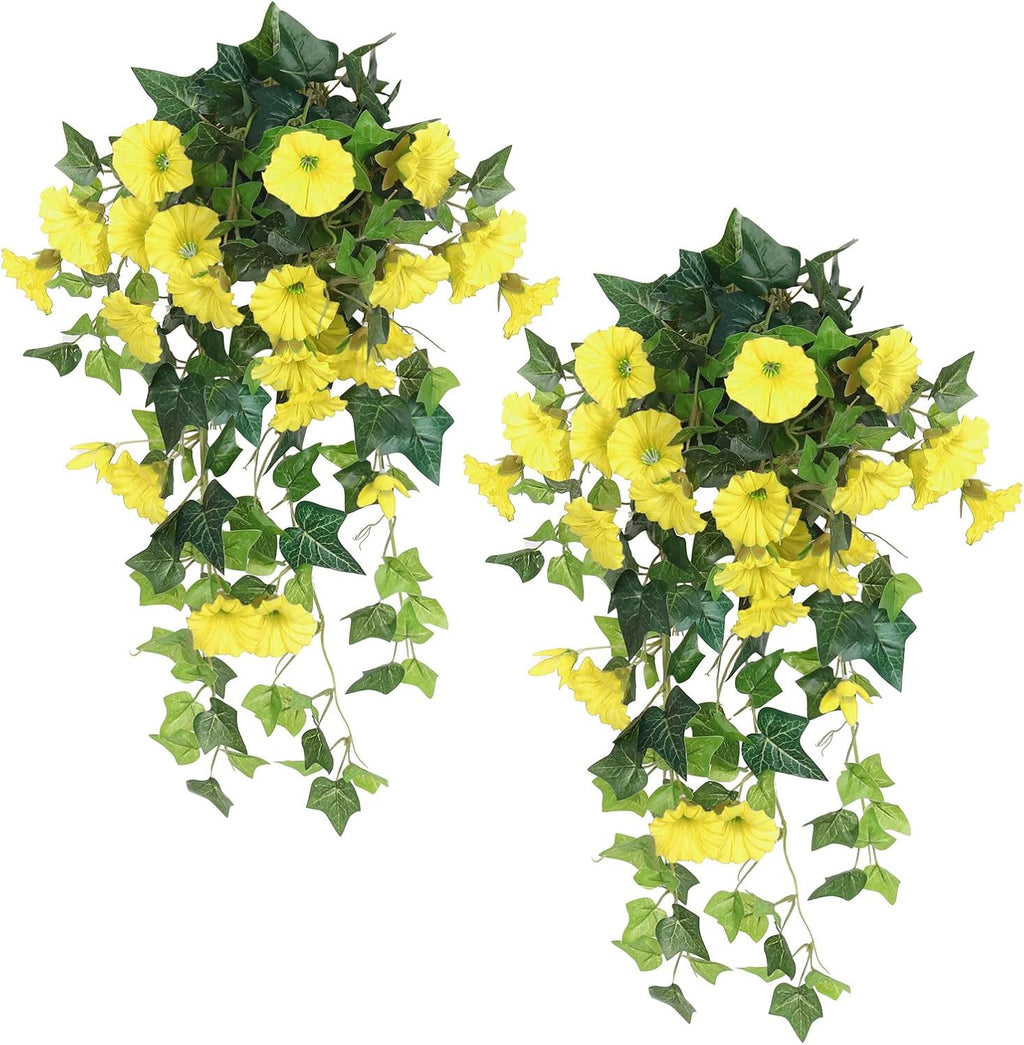 RECUTMS Artificial Fake Hanging Flowers Plants for Outdoor Decoration, 2 Pcs UV Resistant Faux Petunias Trailing Plants Realistic Flower Look Real for Door Wall Yard Porch Garden Planter (Yellow)