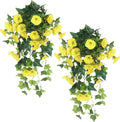 RECUTMS Artificial Fake Hanging Flowers Plants for Outdoor Decoration, 2 Pcs UV Resistant Faux Petunias Trailing Plants Realistic Flower Look Real for Door Wall Yard Porch Garden Planter (Yellow)