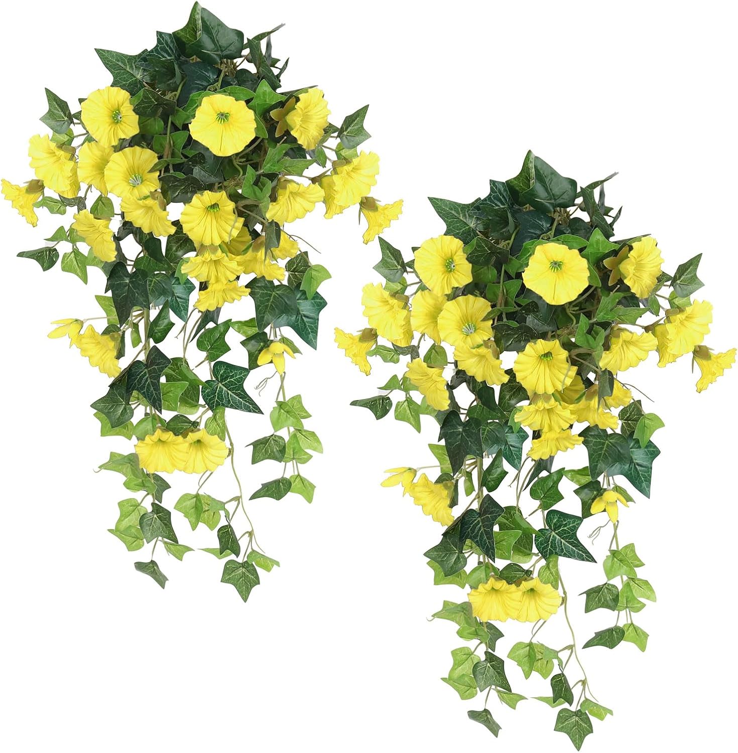 RECUTMS Artificial Fake Hanging Flowers Plants for Outdoor Decoration, 2 Pcs UV Resistant Faux Petunias Trailing Plants Realistic Flower Look Real for Door Wall Yard Porch Garden Planter (Yellow)