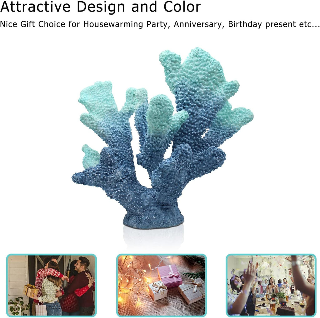 Blue Coral Decor - Faux Artificial Coral Reef Statue, Nautical Tabletop Decoration for Living Room and Home (7.8in Tall)