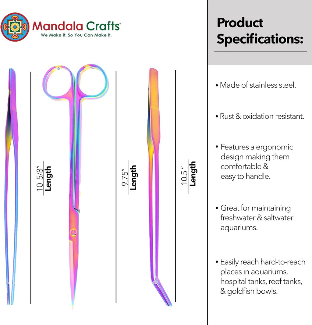 Mandala Crafts Rainbow Stainless Steel Aquascaping Tools Kit – Aquarium Plant Tools with Tweezers and Scissors for Fish Tanks, Hospital Tanks, Goldfish Bowls, Aquariums, and Terrariums